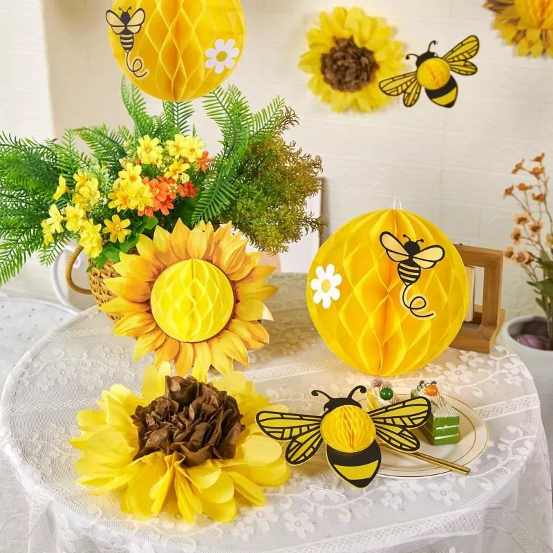 Sunflower bee honeycomb decor indoor table styling, home party tabletop display