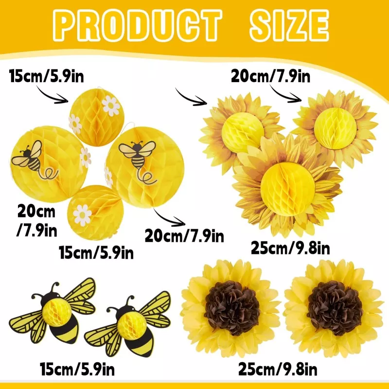 Sunflower bee honeycomb decor size specification chart, dimension reference graphic