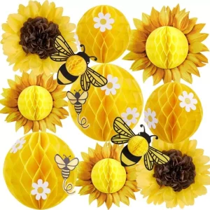Sunflower bee honeycomb paper party decor set, isolated studio product flat‑lay