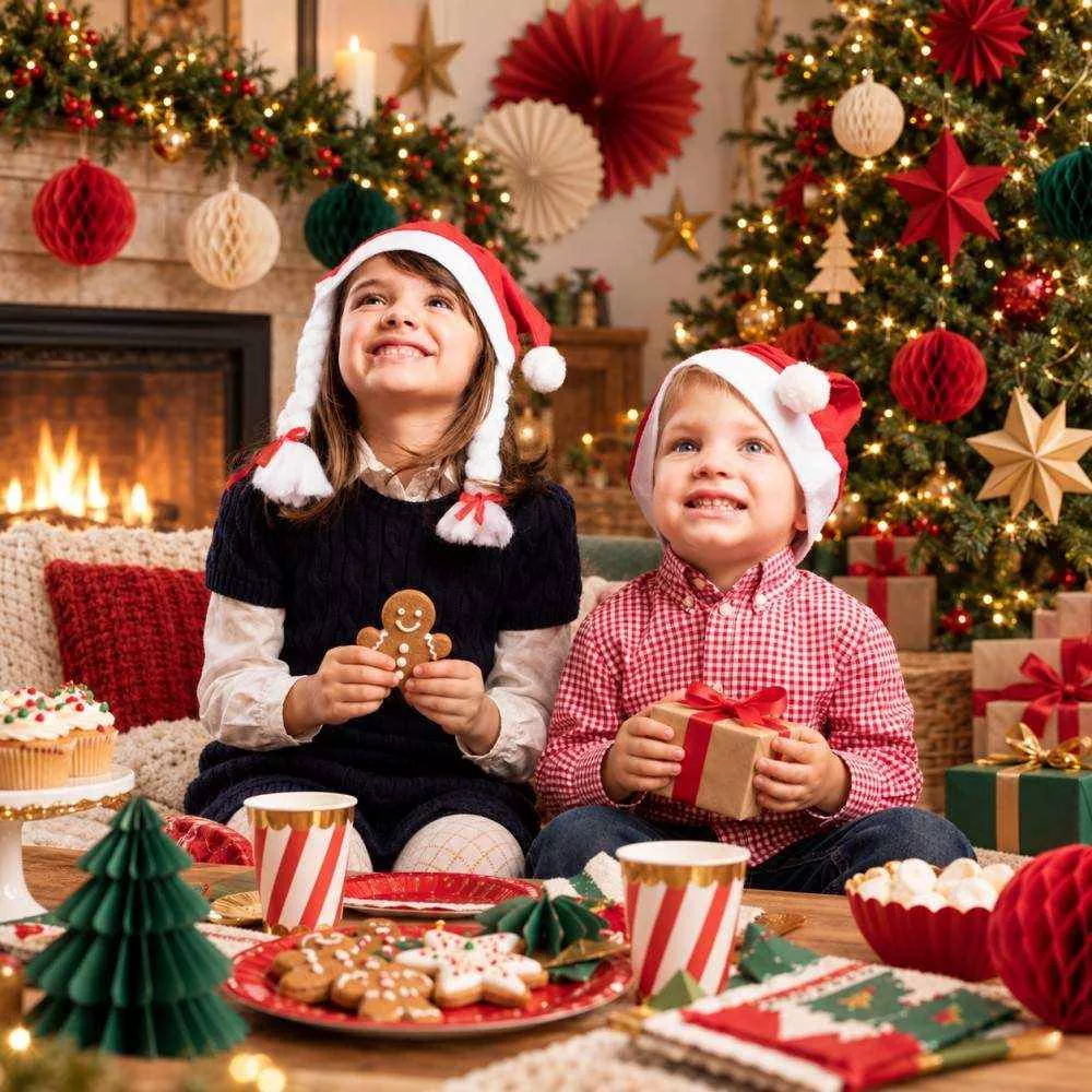 Two smiling children wearing Santa hats enjoy Christmas treats and gifts in a cozy festive living room.