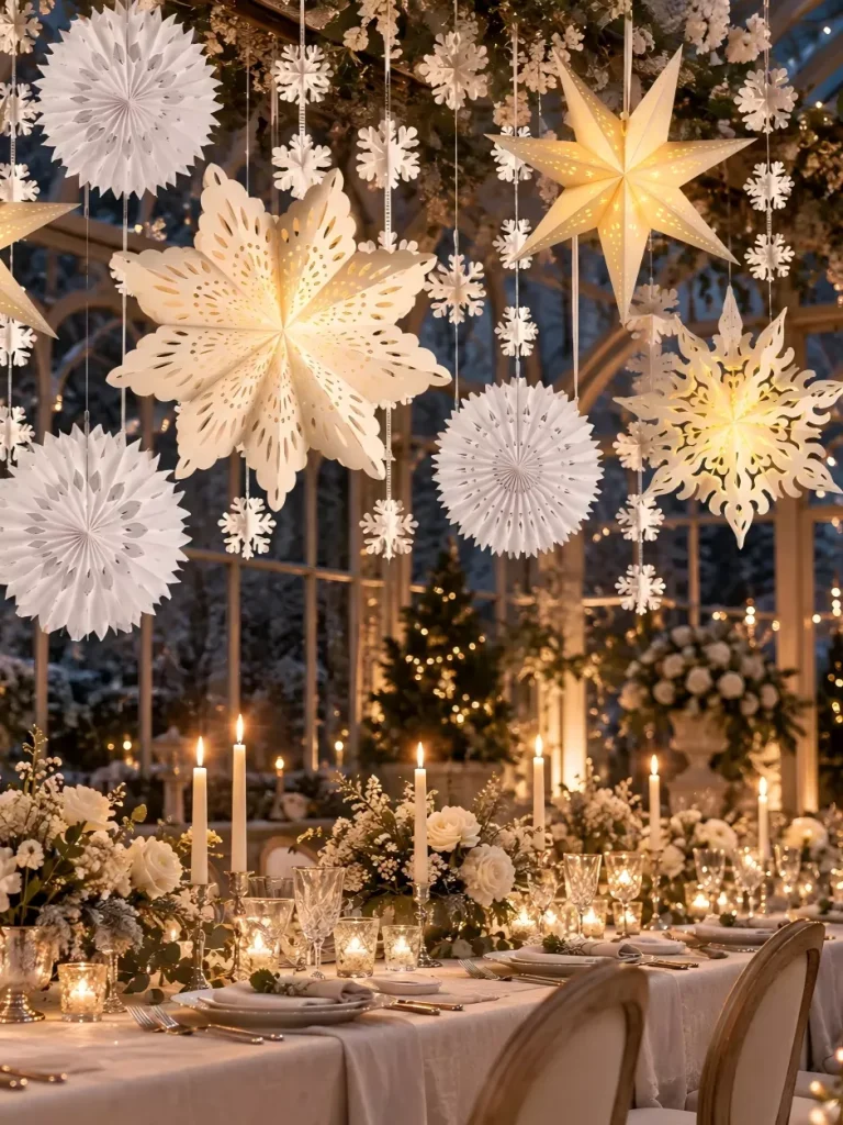 Winter banquet table decorated with Christmas hanging paper star and snowflake ornaments, candlelight in glass greenhouse venue