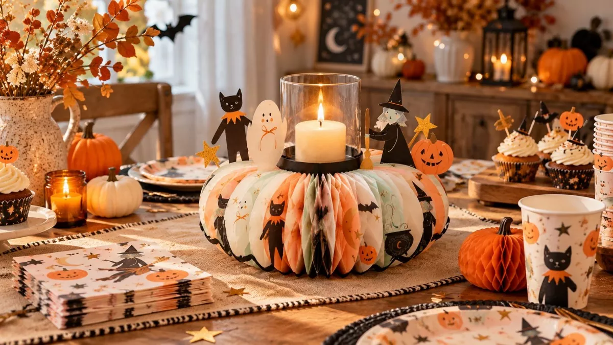 alloween party table setting with honeycomb pumpkin candle centerpiece, cupcakes, paper plates and napkins.