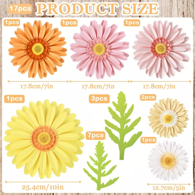 gerbera paper flowers dimension infographic, product size reference graphic