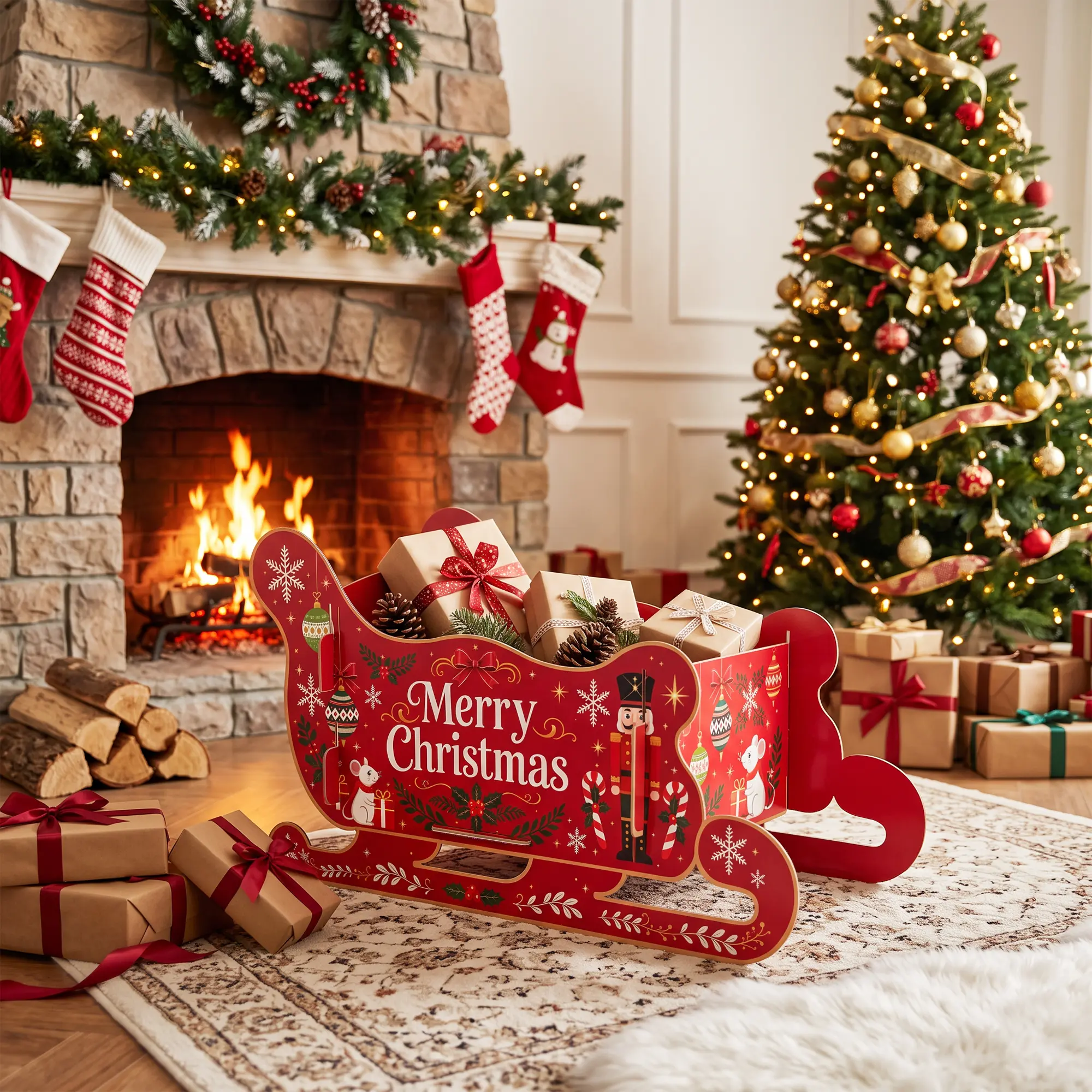 Large corrugated cardboard Christmas train display prop for retail store window and festive event decoration