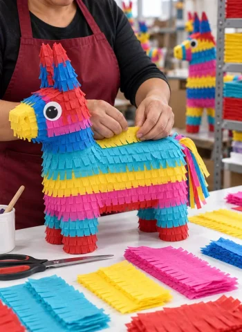 Artisan assembling colorful paper piñata craft, applying fringed crepe paper strips in workshop, finished piñatas and cut paper supplies on worktable