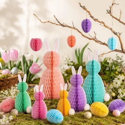 Bright multicolor rainbow honeycomb bunnies hanging eggs Easter party wholesale decor