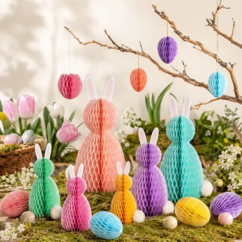 Bright multicolor rainbow honeycomb bunnies hanging eggs Easter party wholesale decor Bright multicolor rainbow honeycomb bunnies hanging eggs Easter party wholesale decor