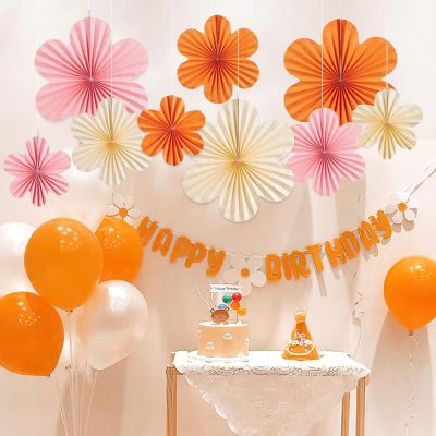 Folding Paper Fans with Orange, Pink, and Yellow Flowers