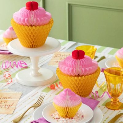 Honeycomb paper Cupcakes styled on a fun, birthday themed table setting
