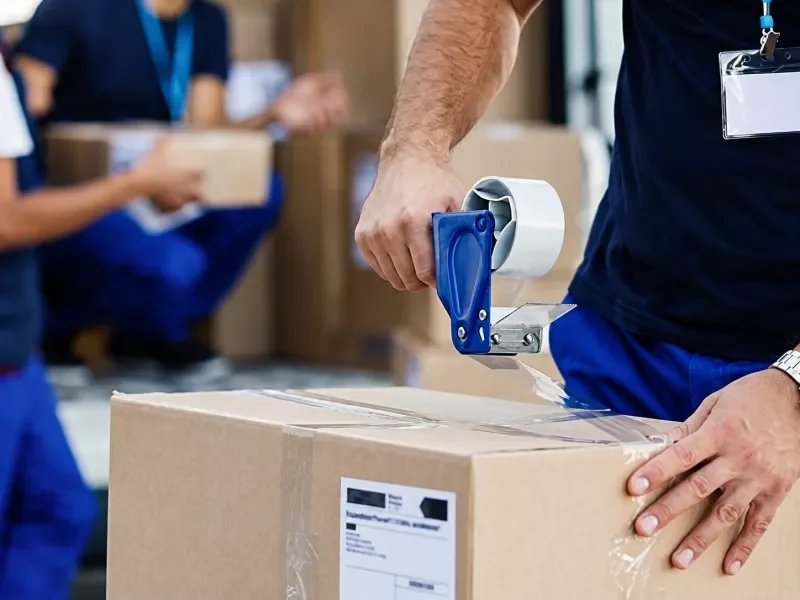 Warehouse worker sealing shipping cardboard box with handheld tape dispenser, logistics packing operation, blurred team handling parcels in background
